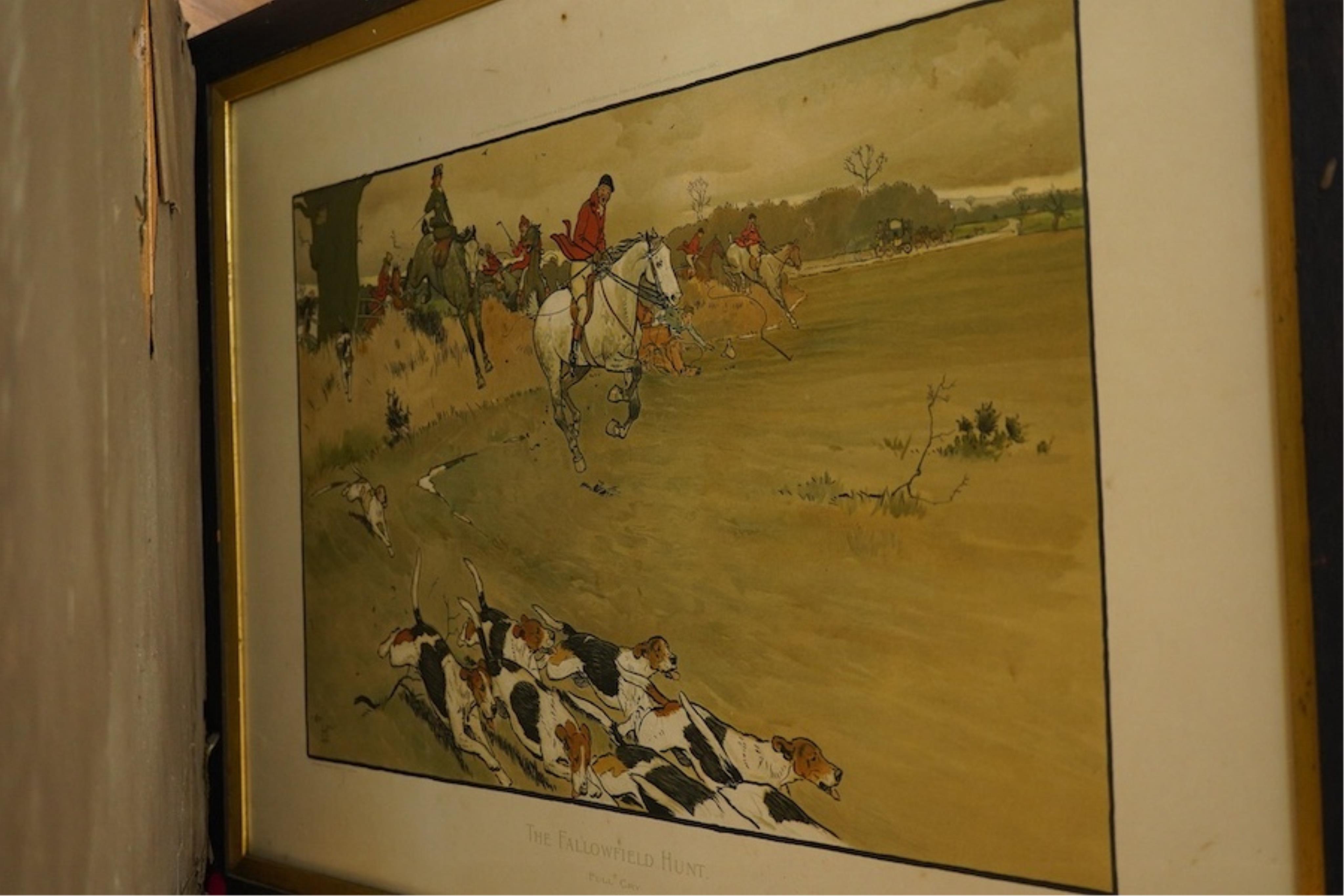 After Cecil Aldin (1870-1935), ‘The Fallowfield Hunt’ to include 'A Check', 'The Hunt Supper' and 'Breaking cover, set of six lithographs, published Lawrence & Bullen, London, unsigned, 53 x 77cm, framed